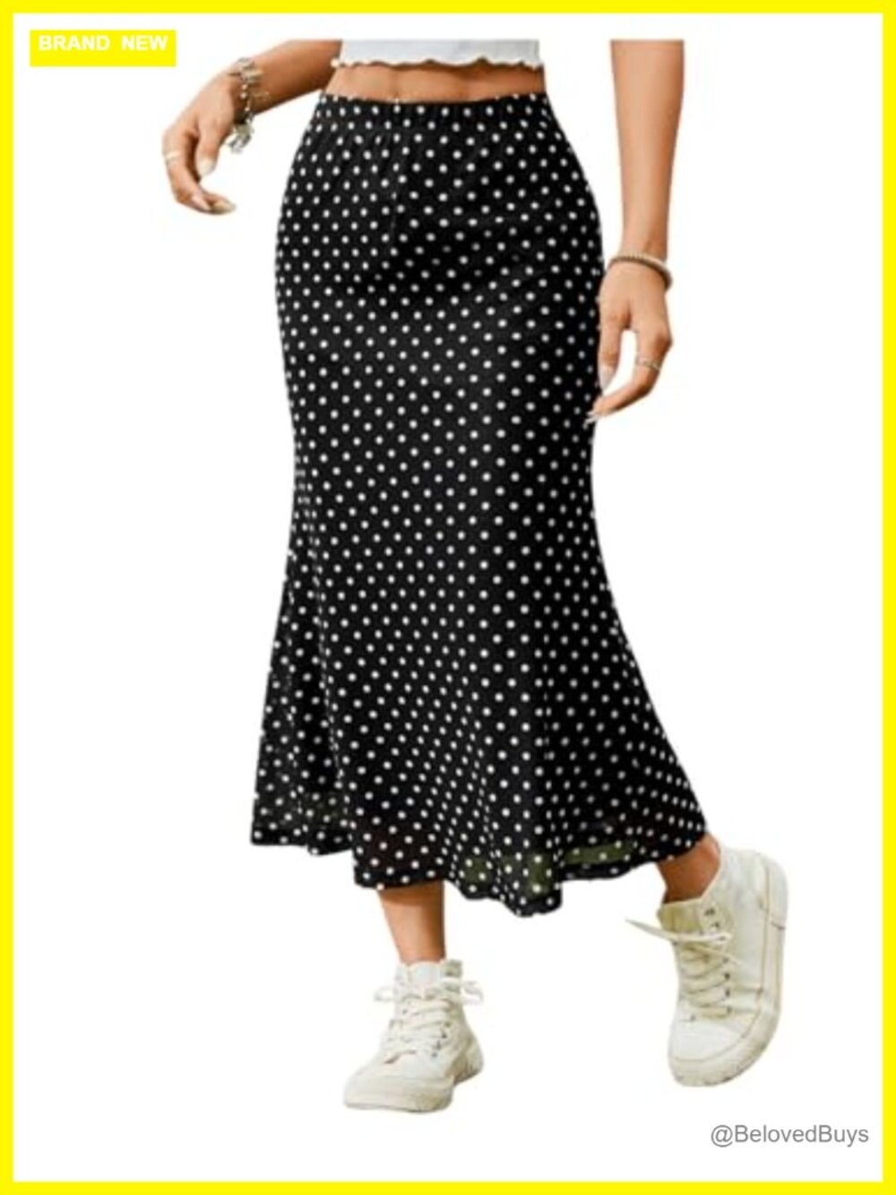 Polka Dots Fishtail Midi Skirt High Waist Ruffle Hem Bodycon